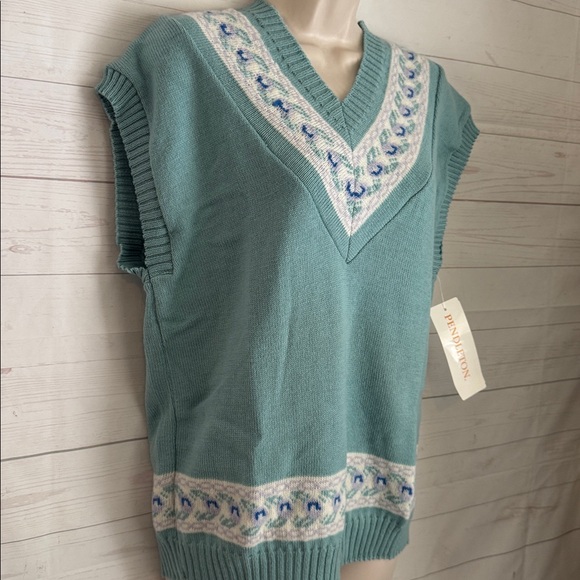 Vintage 70’s Pendleton Size Large Women's Teal V-Neck 100% Wool Sweater Vest - Picture 2 of 8
